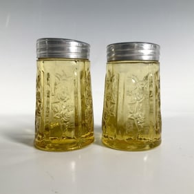 2pc Vintage Federal Glass Yellow Salt + Pepper Shakers