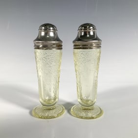 2pc Vintage Hazel Atlas Yellow Glass Salt + Pepper Shakers