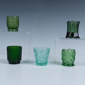 5pc Green Pattern Glass Toothpick Holders