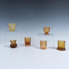 6pc Amber Colored Pattern Glass Toothpick Holders