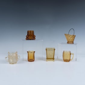 6pc Amber Colored Pattern Glass Toothpick Holders