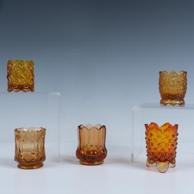 6pc Imperial & Amber Colored Pattern Glass Toothpick Holders
