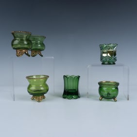 6pc Imperial & Gilded Green Pattern Glass Toothpick Holders