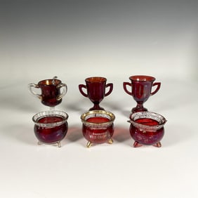 6pc Red Colored Pressed Glass Toothpick Holders