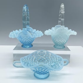 3pc Vintage Art Glass Baskets, Blue Opalescent Hobnail