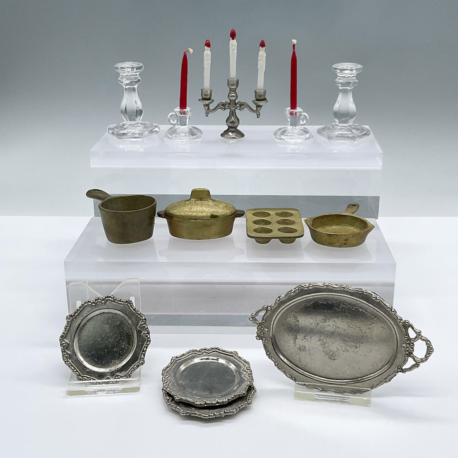 15pc Kids Mini Tray & Candelabra, Kitchenware, Candle Holder: Features 5 dollhouse toys including 4 trays and a candelabra with faux plastic candles. Also included is a 4 piece miniature cast iron kitchenware set comprised of a skillet, a pot, a lidded casserole