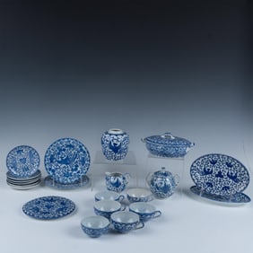 21pc Child's China Serving Set, Blue and White Phoenix