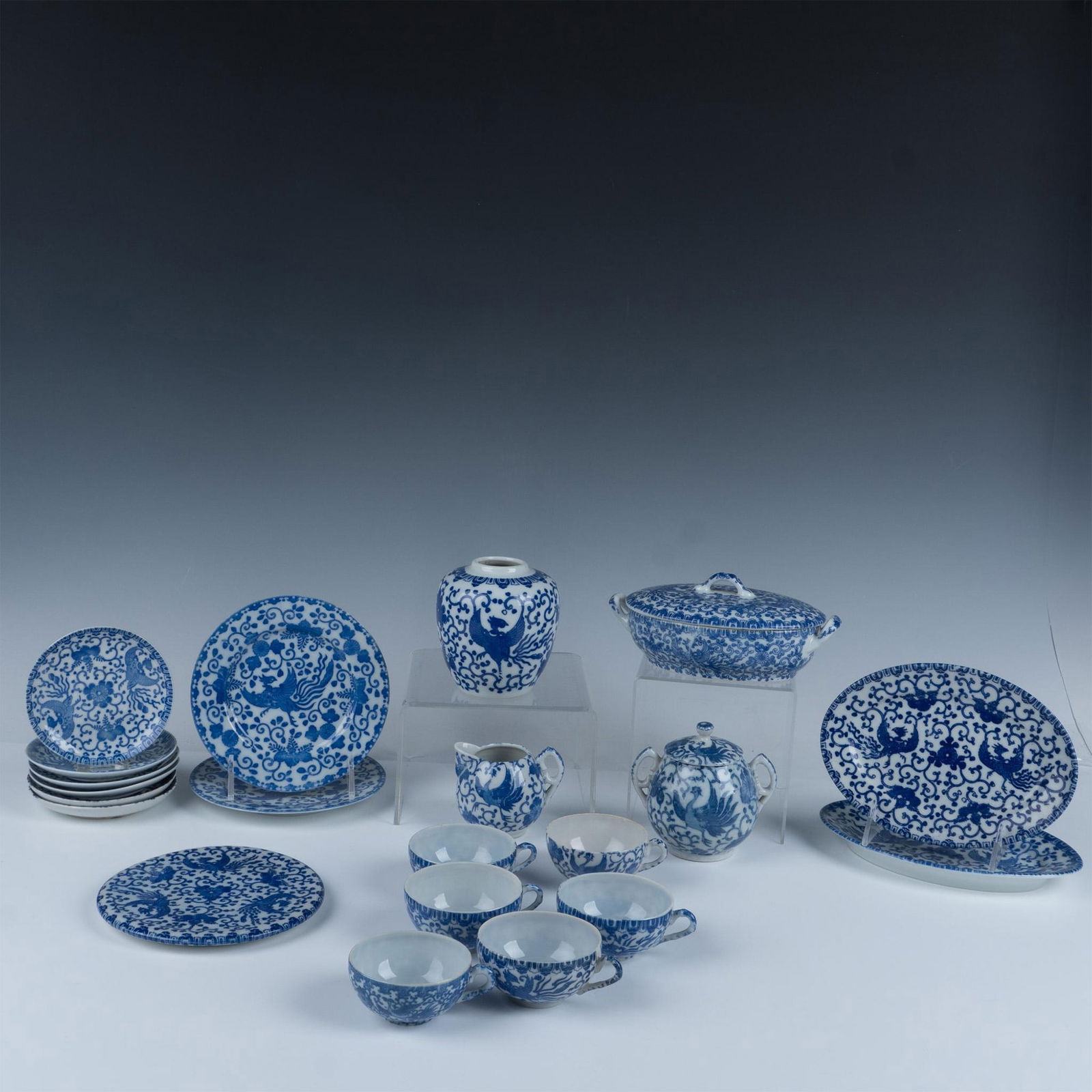 21pc Child's China Serving Set, Blue and White Phoenix (1 of 11)