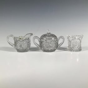 3pc Sunburst Glass Creamer, Sugar Jar, and Toothpick Holder