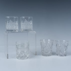 5pc Pattern Glass Toothpick Holders and Crystal Shot Glasses