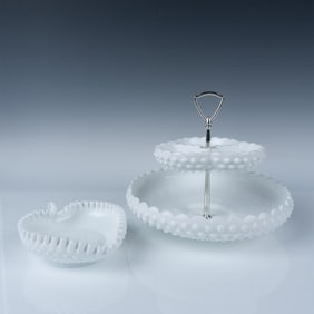 3pc Milk Glass Hobnail Tiered Server & Heart Handled Nappy