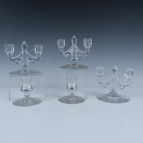 5pc Heisey Etched Glass Candleholders, Orchid