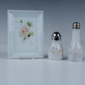 3pc Vintage Tray with Salt and Pepper Shakers, Milk Glass
