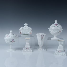 6pc Westmoreland Milk Glass Decorative Pieces, Roses & Bows
