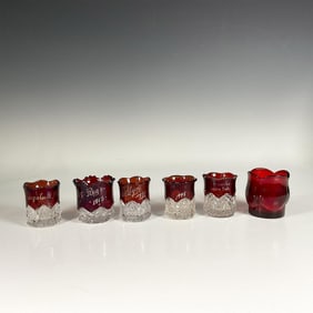 6pc Red Colored Pressed Glass Toothpick Holders