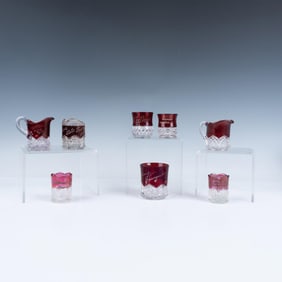 8pc Red Etched Glass Grouping, Toothpick Holders & More