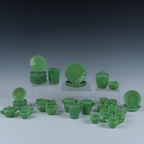 50pc Green Opaque Akro Glass Child's Dishes Grouping