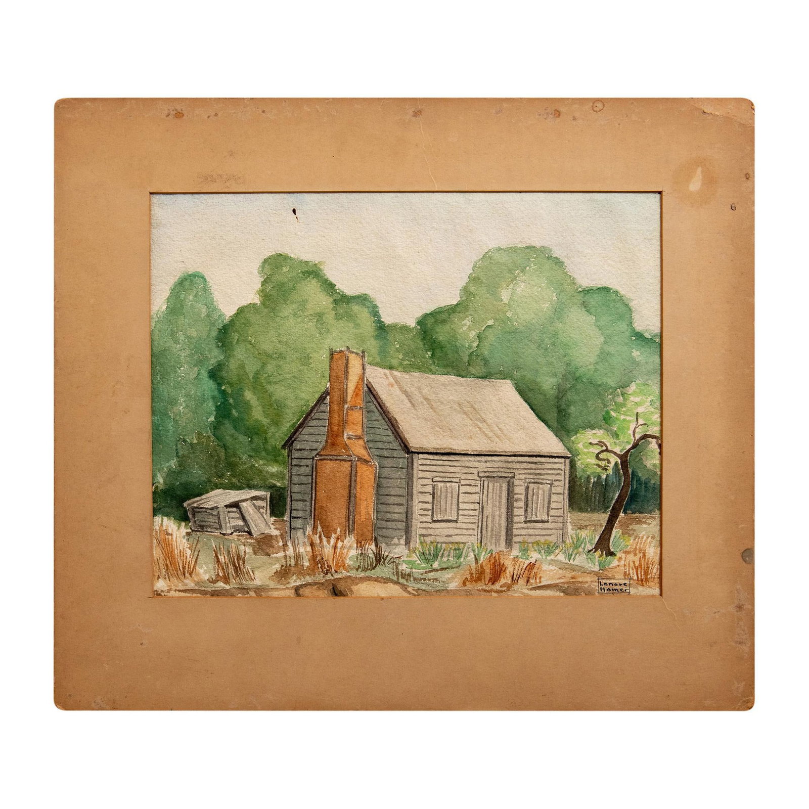 Lenore Hamer (American, 1884-1960), Original Watercolor: Watercolor on paper of a South Carolina cottage set in the countryside painted by African-American Regionalist artist Lenore Hammer. Signature lower right: Lenore Hammer. Sight size: 11.75”L x 9