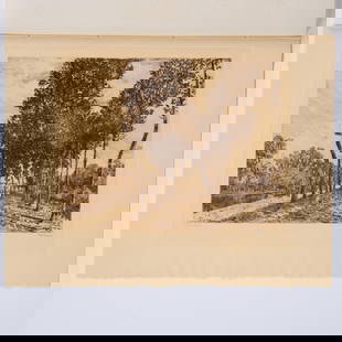 Alfred Sisley (Aft.) Original Etching on Paper: Antique etching on wove paper entitled Bords du Loing after French artist Alfred Sisleys original painting. Engraved by Pierre-Marcel Roy for the for the limited edition portfolio Histoire des peintre