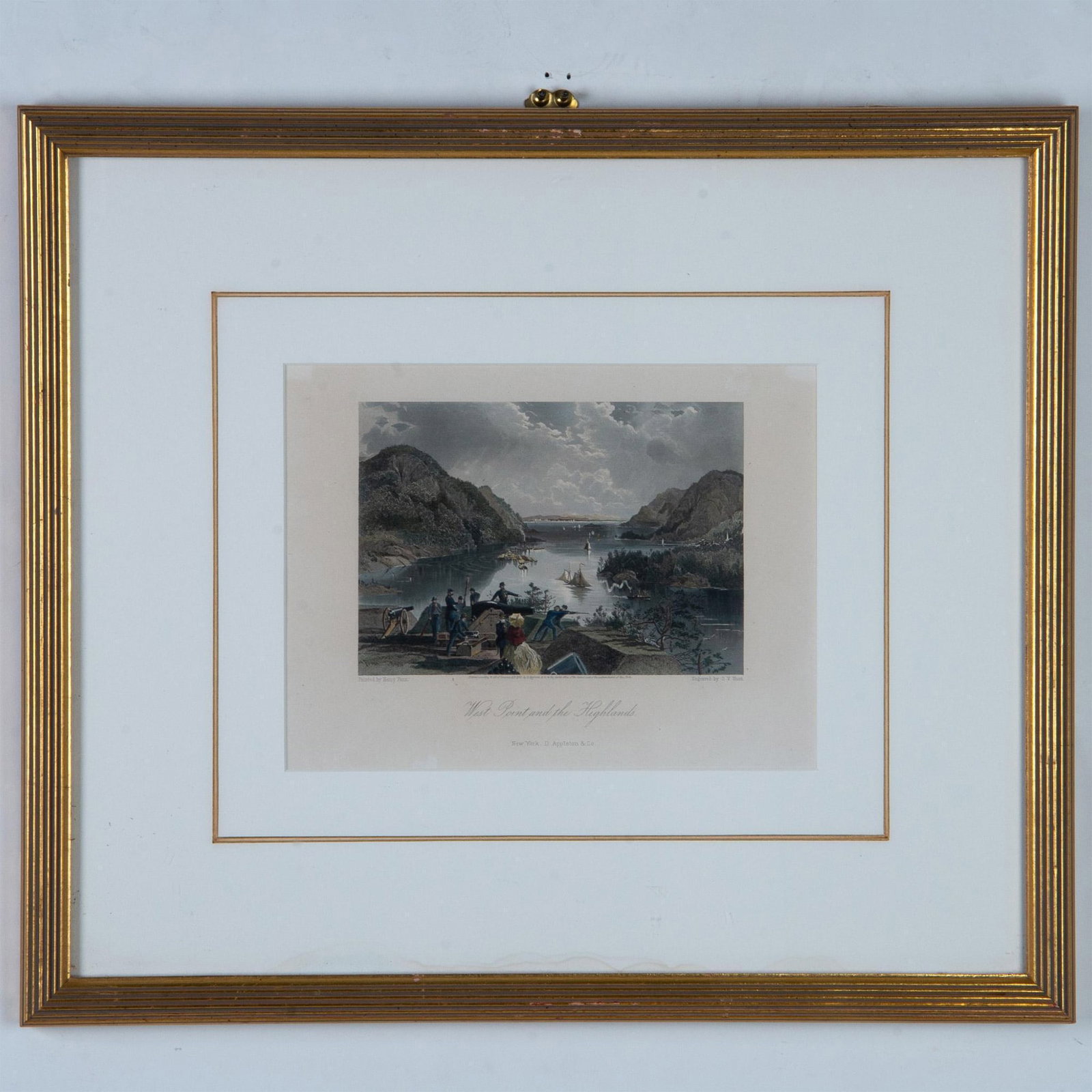 After Henry Fenn Color Engraving on Paper, West Point: West Point and the Highlands is an elegant original color engraving on paper featuring a group of cadets and a trainer at the ramparts that overlook the Hudson River. Engraved after the 1865 original 