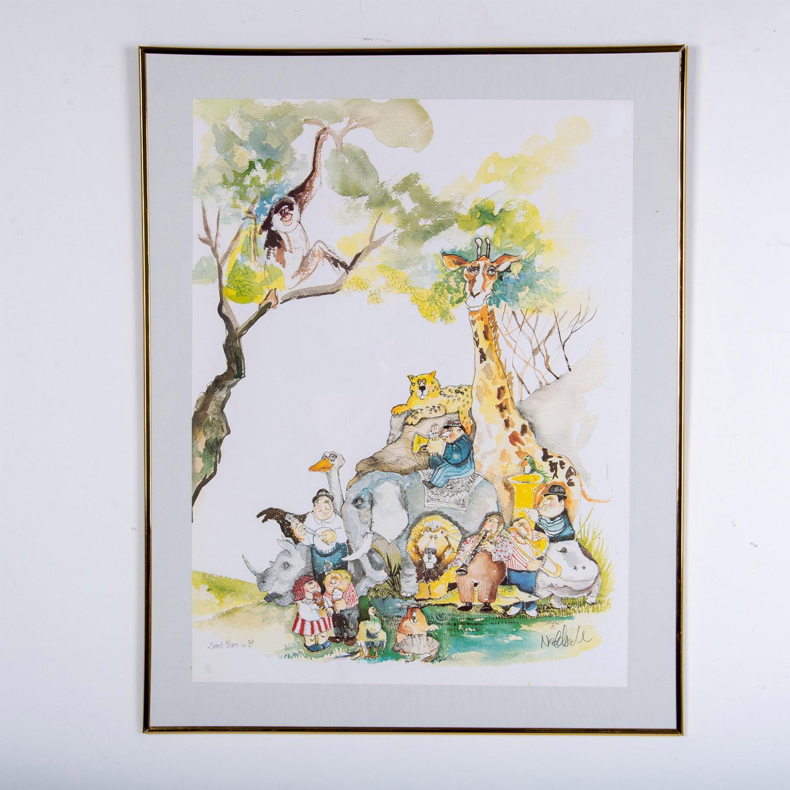Don Nedobeck, Lithograph on Paper, Zoos Blues in Bb, Signed: A charming color lithograph on paper after an original 1983 watercolor painting by Don Nedobeck. Artists signature on lower right side, under signature in plate. Title in plate on lower left side. Hou