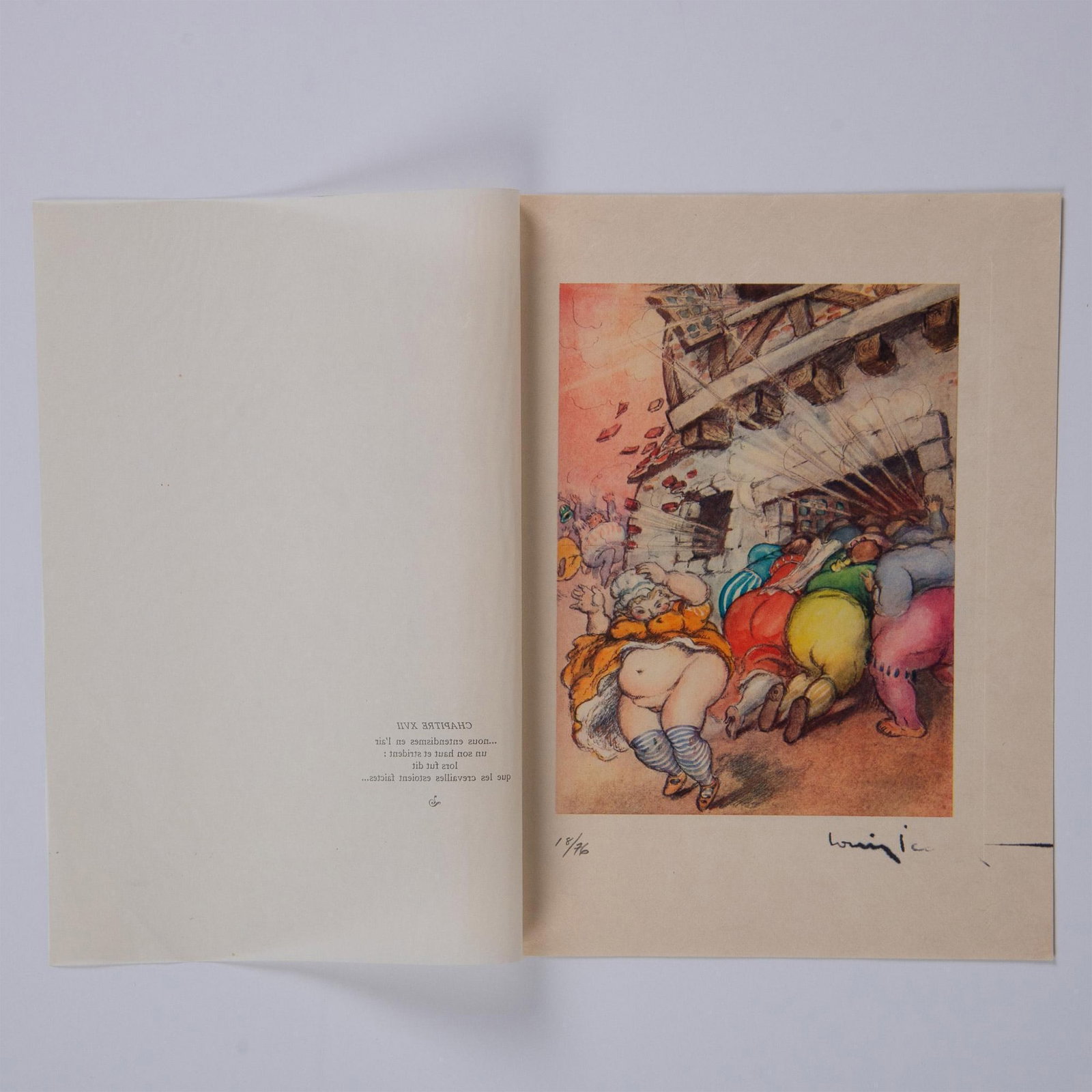 Louis Icart (Aft.) Color Lithograph on Paper Gargantua Suite: Color engraving after French Art Deco painter and illustrator Louis Icarts series of drawings for French writer Rabelais 16th century epic satire novel Gargantua et Pantagruel. The compositions were e