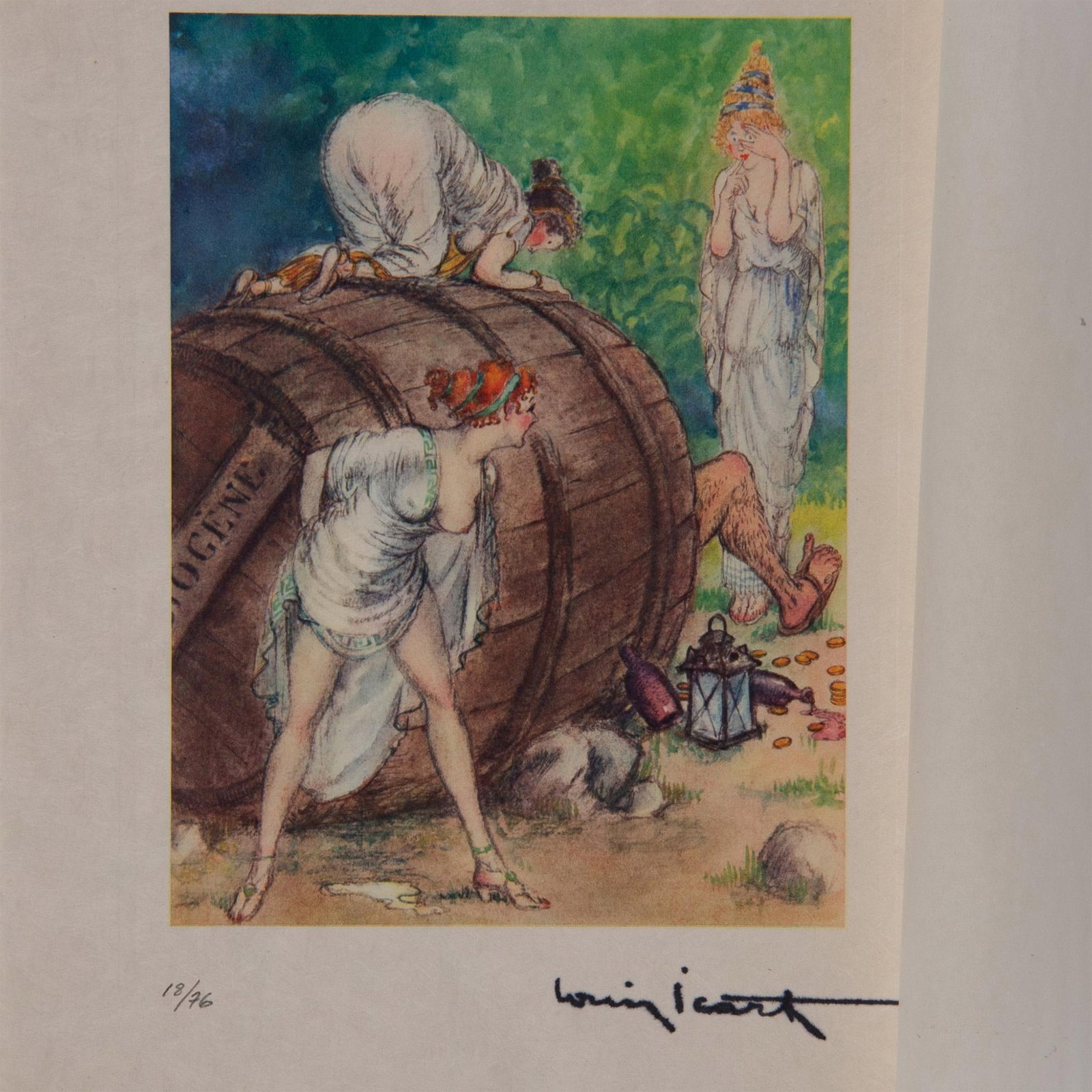 Louis Icart (Aft.) Color Lithograph on Paper Gargantua Suite: Color engraving after French Art Deco painter and illustrator Louis Icarts series of risque drawings for French writer Rabelais 16th century epic satire novel Gargantua et Pantagruel. The compositions