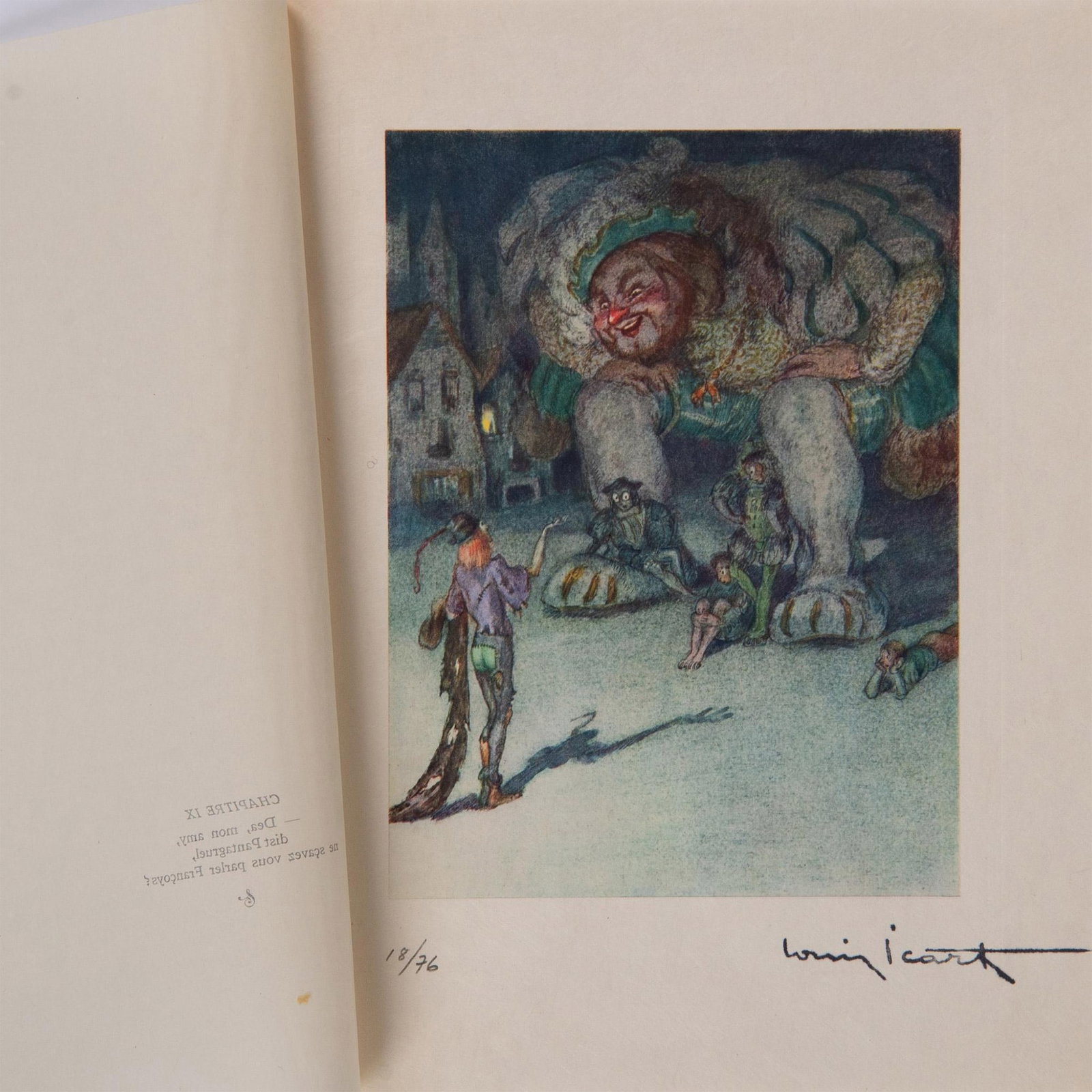 Louis Icart (Aft.) Color Lithograph on Paper Gargantua Suite: Color engraving after French Art Deco painter and illustrator Louis Icarts series of drawings for French writer Rabelais 16th century epic satire novel Gargantua et Pantagruel. The compositions were e