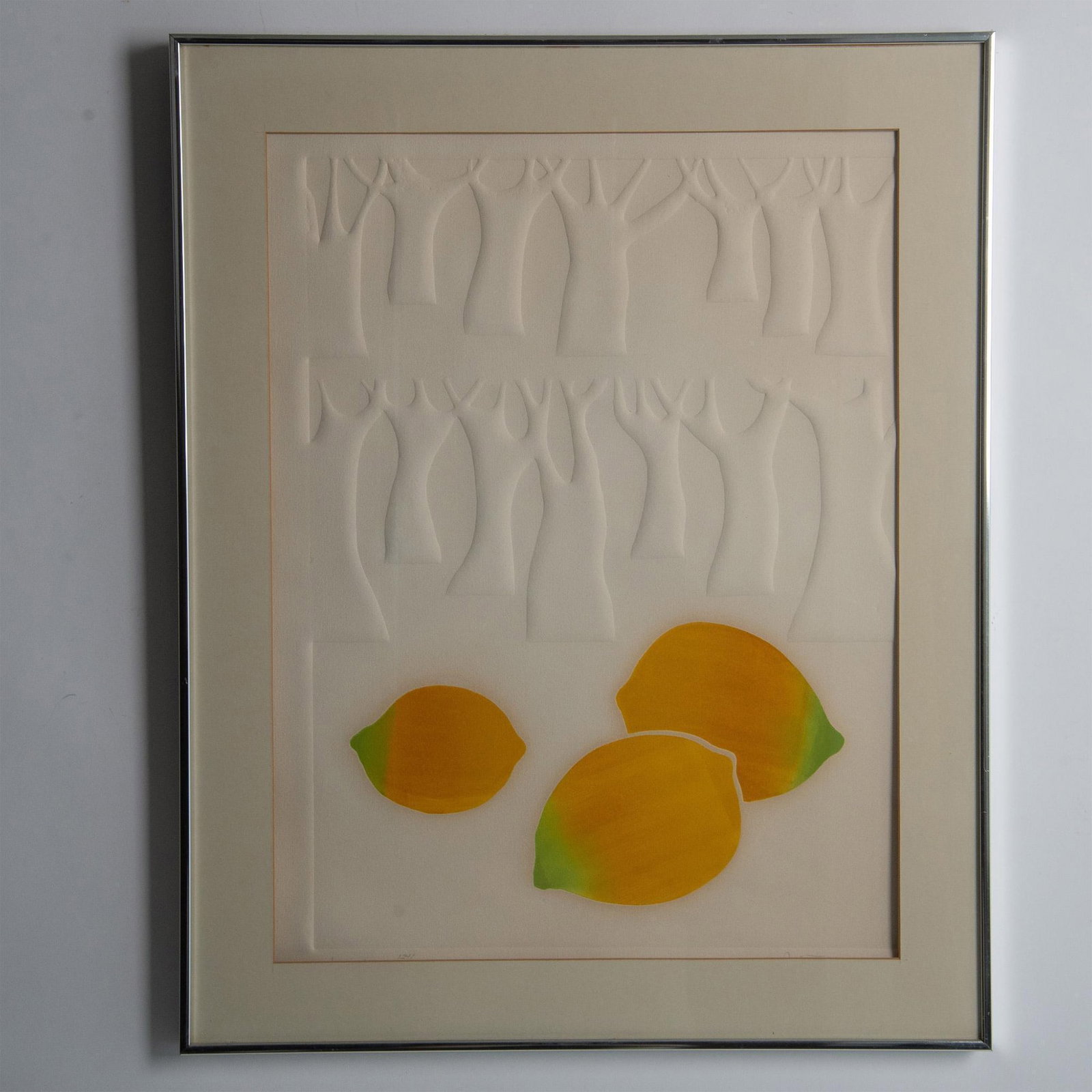 Judy Targan, Original Embossed Intaglio on Paper, Signed: This original embossed intaglio on paper by Judy Targan is a minimalist depiction of lemons with tree trunks left colorless and raised on the surface. Signature in graphite on lower right: Judy Targan