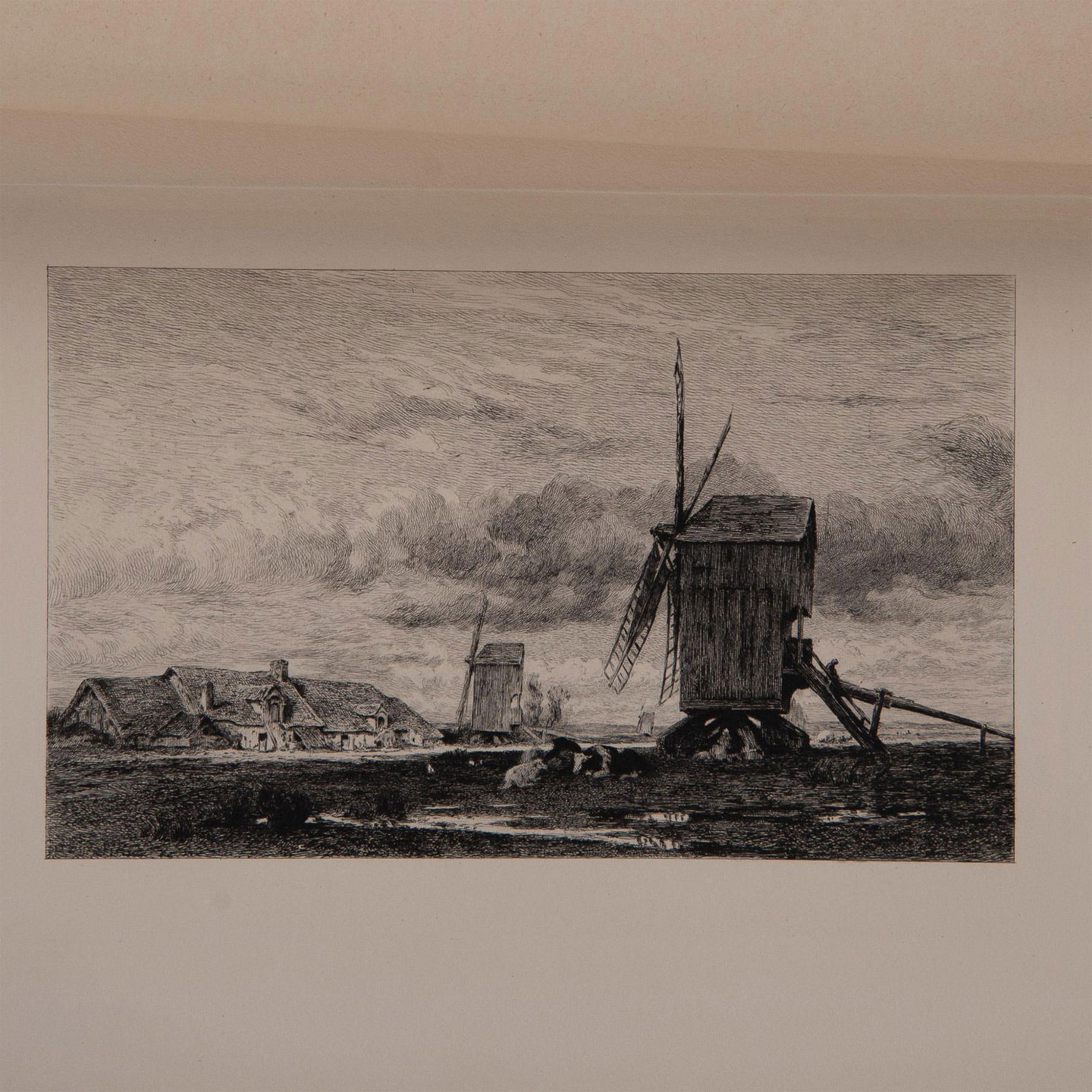 Jules Dupre (Aft.) Original Etching on Wove Paper: Antique etching on Marais wove paper entitled The Windmill (Le Moulin a vent) after French artist Jules Louis Dupres original painting. Engraved by Auguste Boulard for the rare limited edition portfol