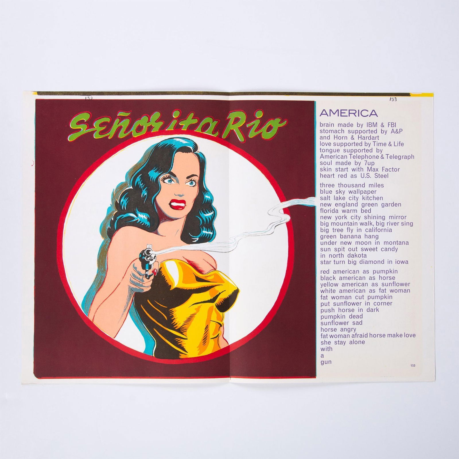 Mel Ramos (Aft.) One Cent Life, Original Color Lithograph: A vibrant two-page spread lithograph on BFK Rives paper entitled Senorita Rio by artist Mel Ramos, accompanied with poems on both sides by Walasse Ting. Pulled from renowned Pop Art masterpiece portfo