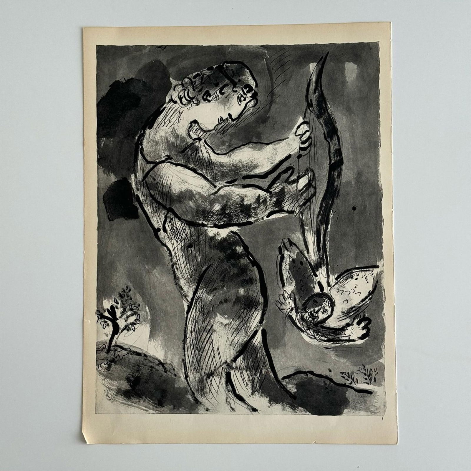 Marc Chagall (After) Monochrome Heliogravures on Velin Paper: Large double-sided heliogravures on Velin d'Arches paper featuring Le Deluge: The Fish and the Woman (Le Poisson et une Femme) and Nemrod after Marc Chagall's original folio Illustrations for the Bibl