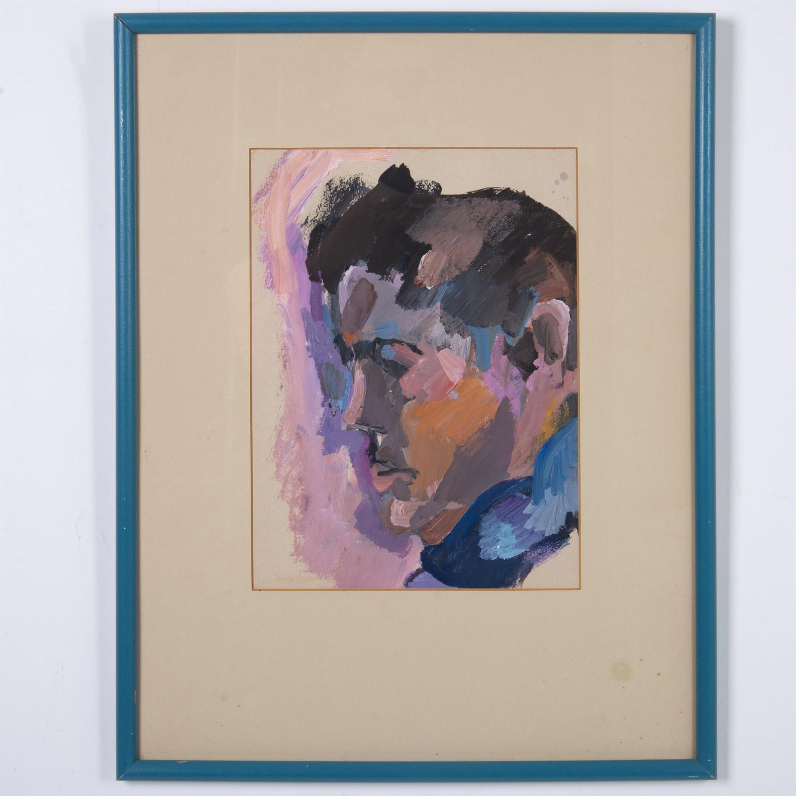 Martha Hayden, Original Gouache on Paper, Portrait, Signed: One-of-a-kind gouache on heavy paper of a Male Portrait by American Modernist Martha Hayden. She depicts a profile in close-up with painterly brushstrokes of complementary blue and pink hues that form