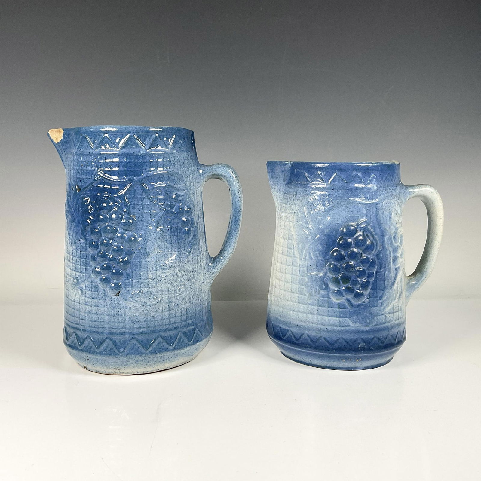 2pc Vintage Salt Glazed Stoneware Pitchers, Blue (1 of 3)
