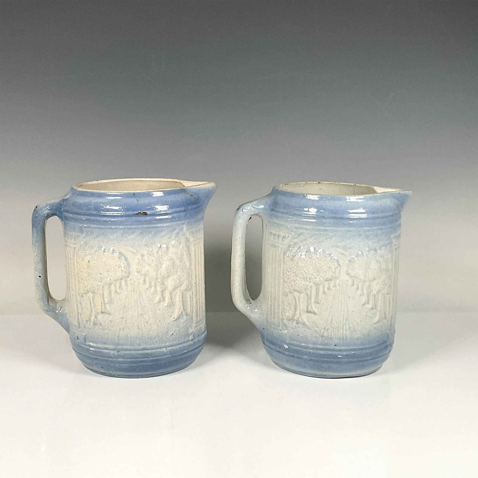 2pc Vintage Salt Glazed Stoneware Pitchers, Blue and White (1 of 3)