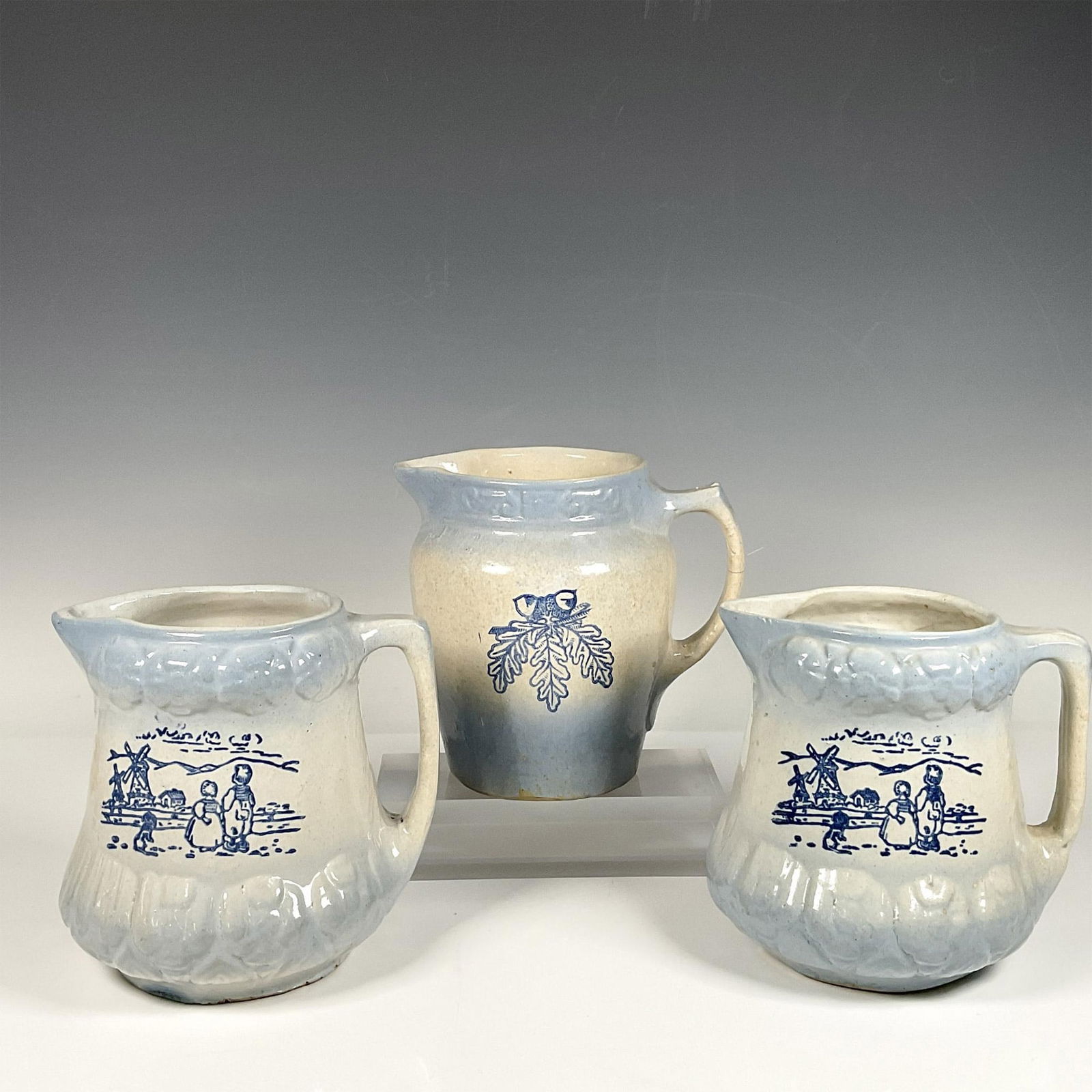 3pc Vintage Salt Glazed Stoneware Pitchers, Blue and White (1 of 3)