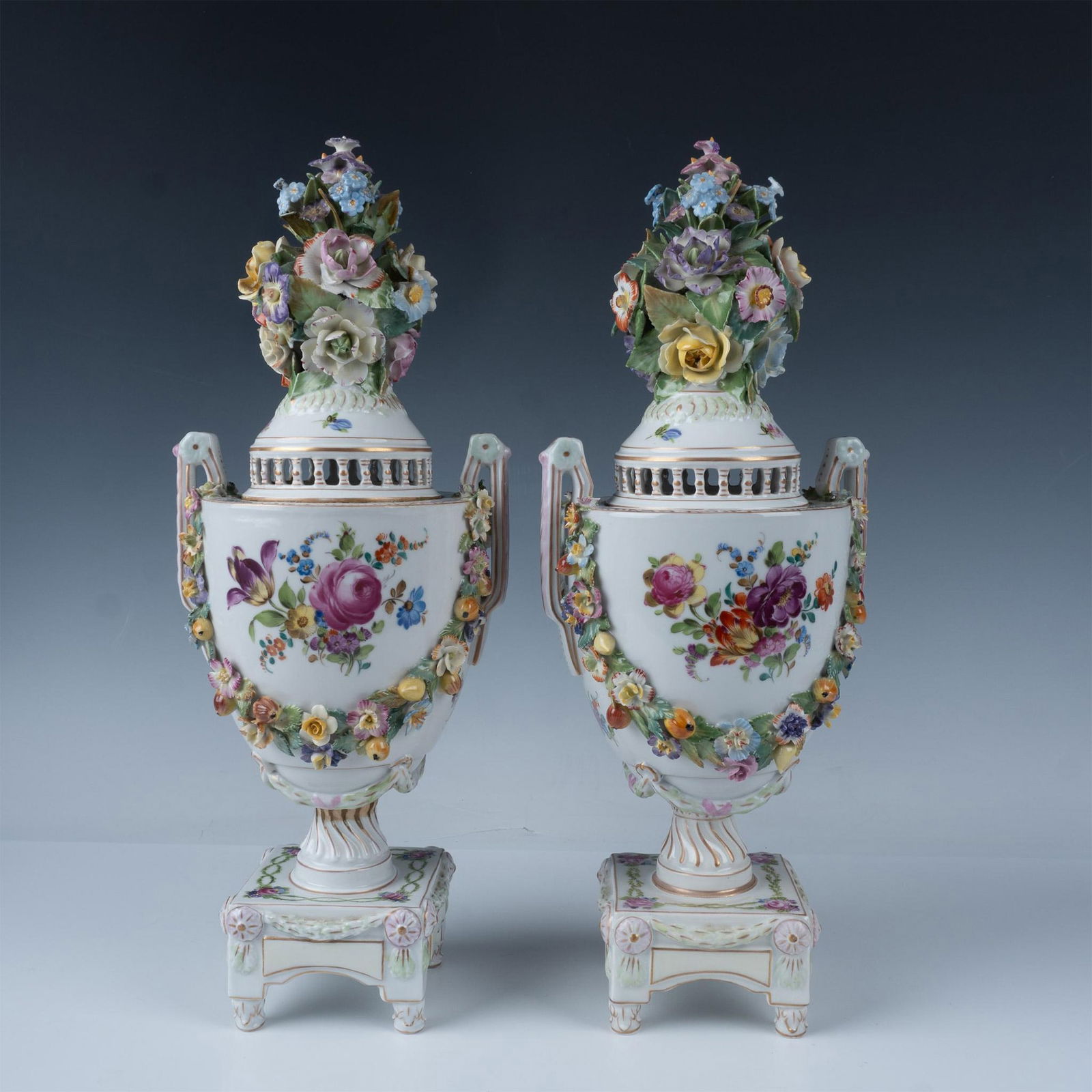Pair of Potschapel Dresden Porcelain Floral Covered Urns (1 of 7)
