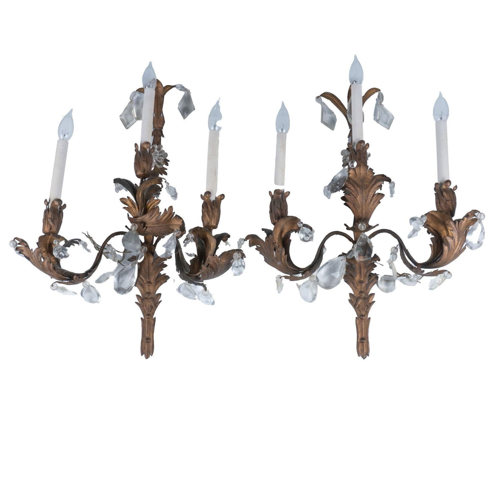 Pair of Antique Gilt Alloy & Crystal Three-Arms Sconces (1 of 7)