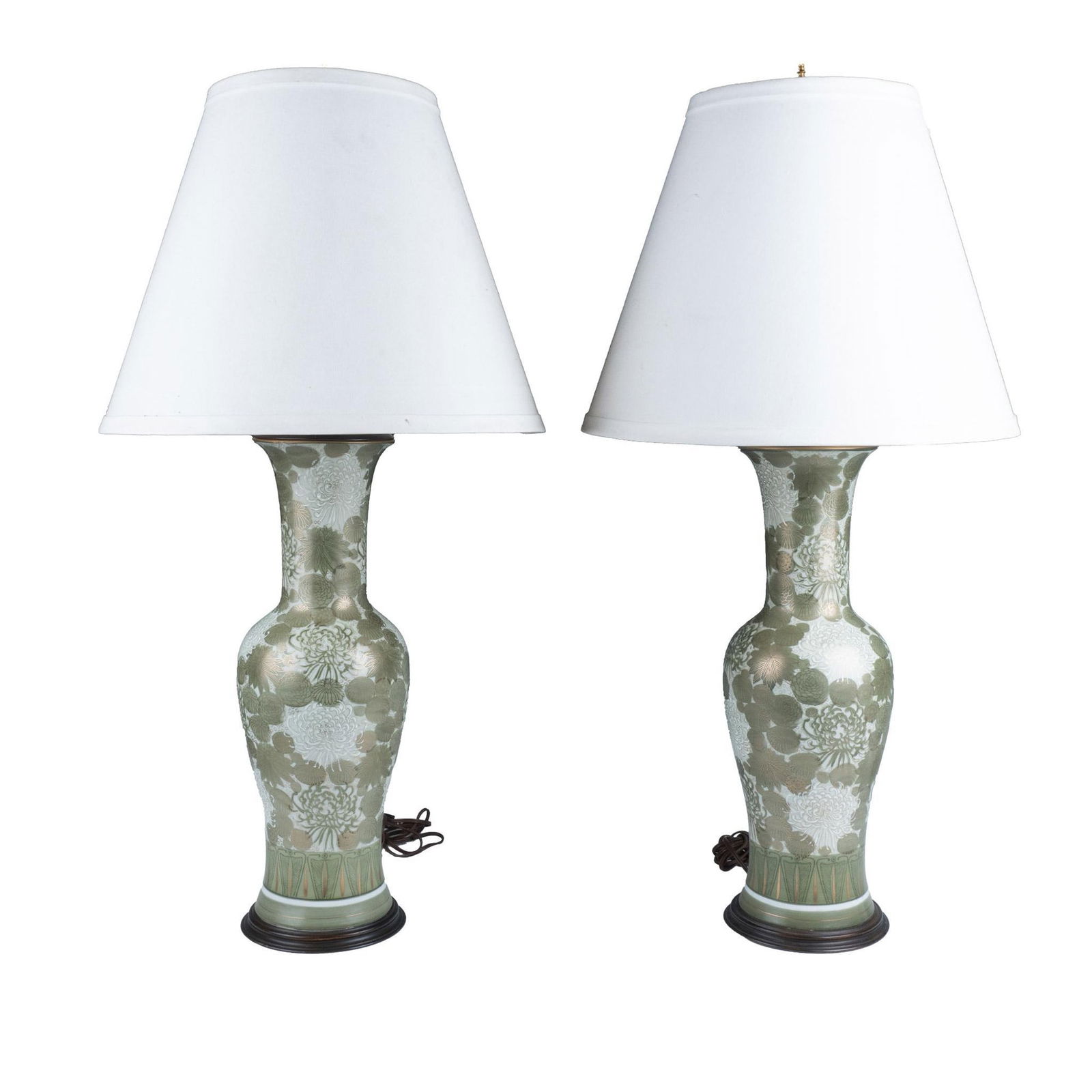 Pair of Japanese Kutani Green Chrysanthemum Vase Lamps (1 of 8)