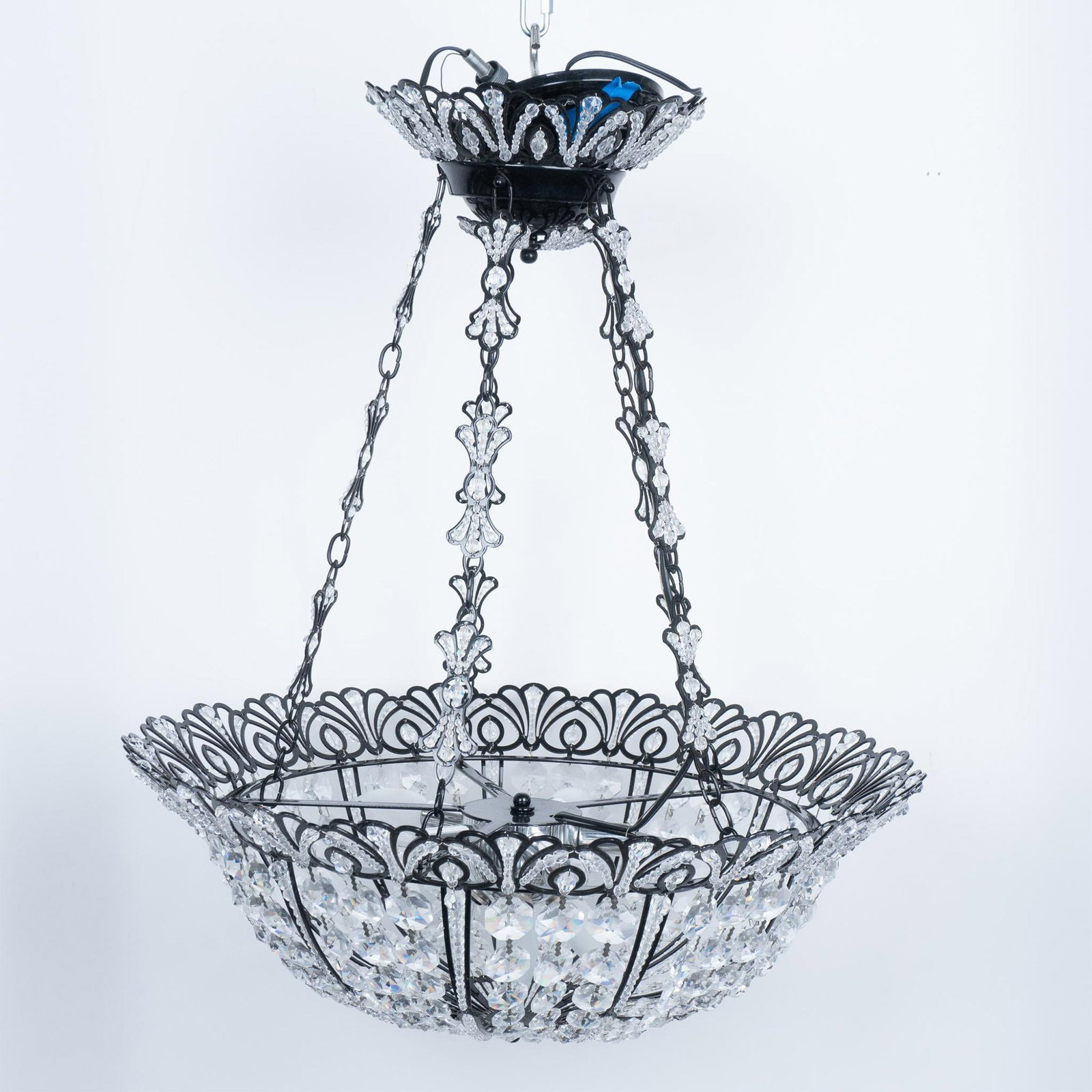 Original Tiara Shape Beaded Chrystal Chandelier w/9 Lights: Gorgeous traditional Tiara shape chandelier pendant made with rows of beaded cut crystal on lead and two rows of lights on the lower part. Tag: Incandescent luminaire Issue NO A-162567. Chandelier dim