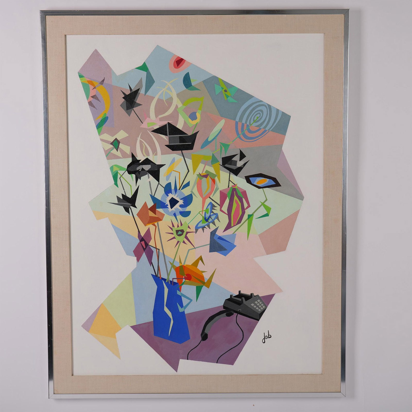 Joseph Brun, Cubist Style Original Oil on Canvas, Signed: Original oil on canvas entitled Floral and Telephone by Florida based artist Joseph Brun. He paints a bouquet of flowers by a phone that he places on a geometric surface that seemingly appears as a co