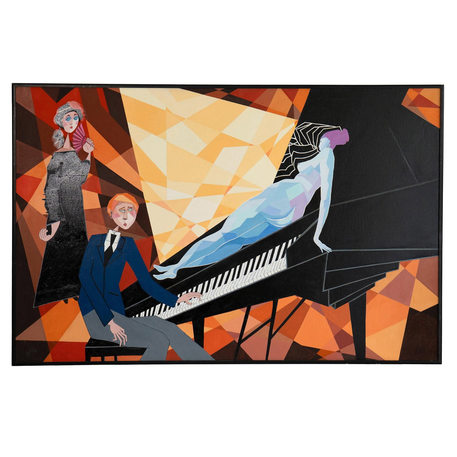Joseph O. Brun, Neo-Art Deco Original Oil on Canvas, Signed: Exceptional oil on canvas painted in a combination of Cubist and Neo-Art Deco style by Florida based artist Joseph Brun. Made with bold colors of geometric patterns, Brun depicts a young pianist gazin