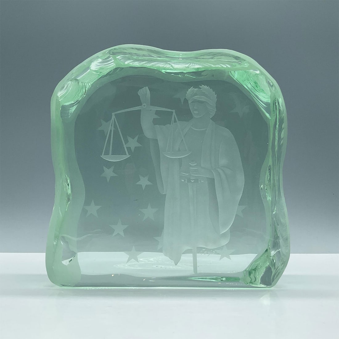 R.M Yates Etched Art Glass Block, Liberty Lady, Signed (1 of 3)