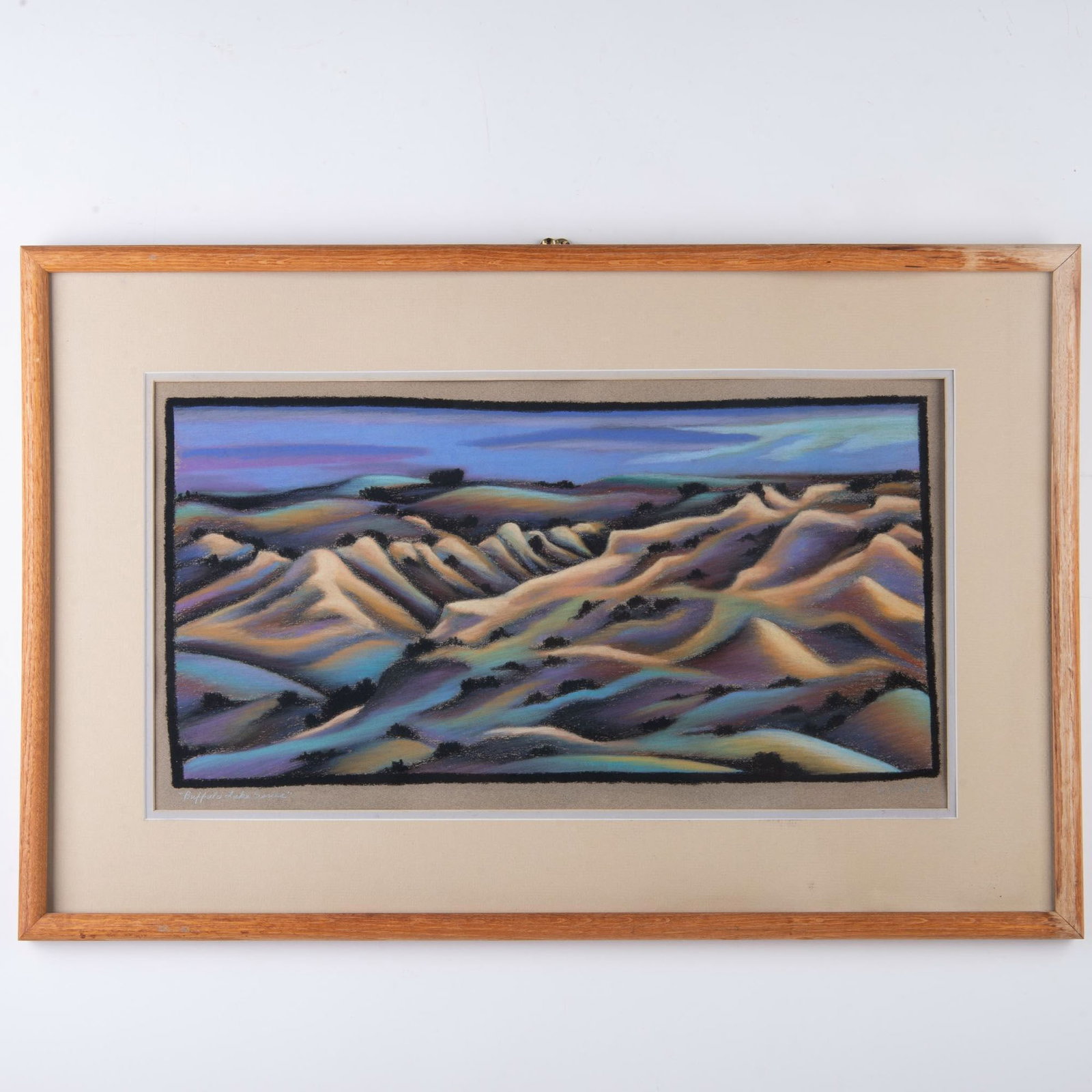 Original Pastel on Paper, Buffalo Lake Series, Signed: Splendid original pastel on paper of an abstracted landscape that depicts Buffalo Lake rolling hills in rich cream colors and blue-green hues. Signature and date on lower right: illegible 89. On verso