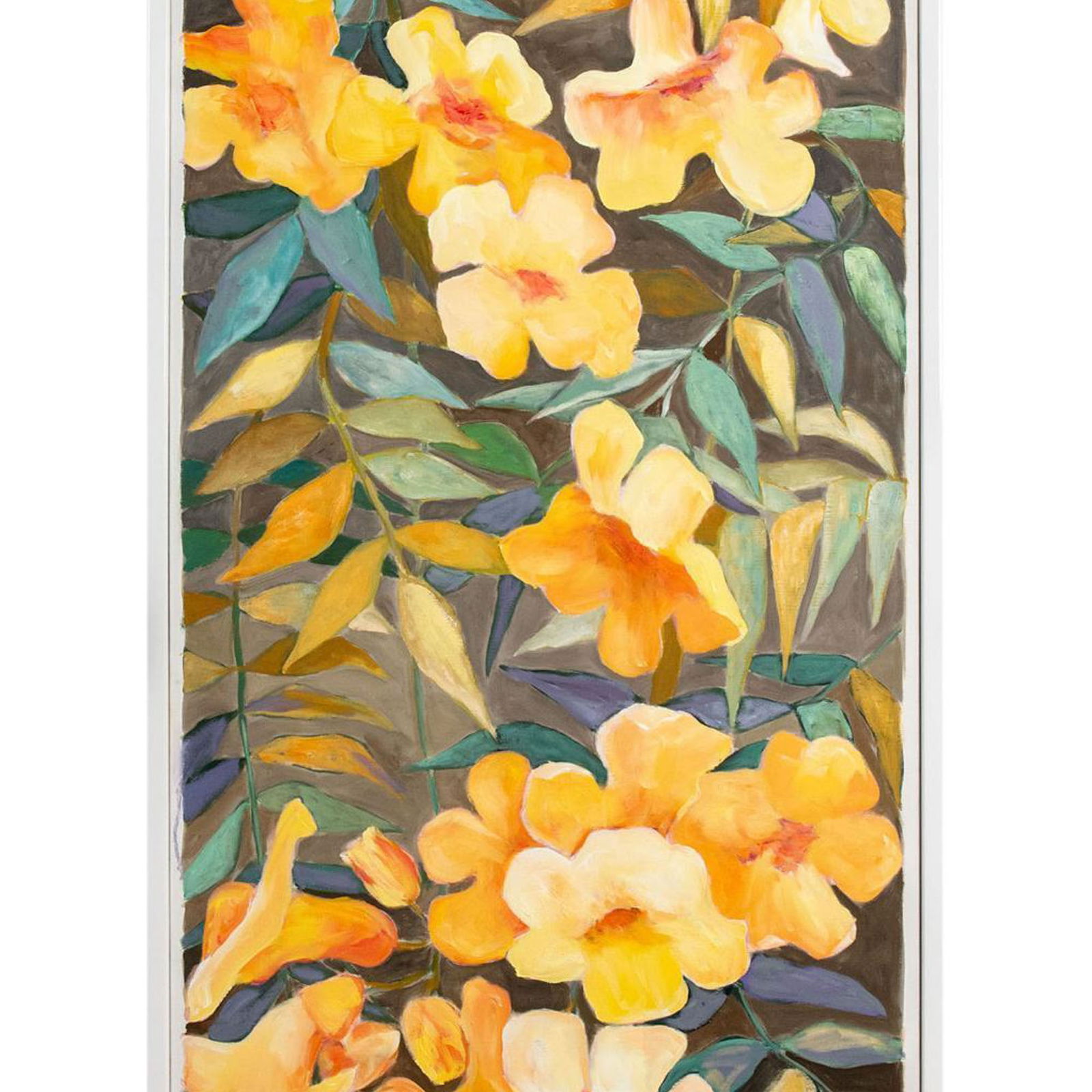 Jean Lamouroux (French, 1933-2008) Oil Painting, Signed: A large and vibrant post-impressionist oil painting on canvas by renowned French artist Jean Lamouroux (1933??2008). This captivating artwork showcases a close-up view of a lush shrub adorned with yel