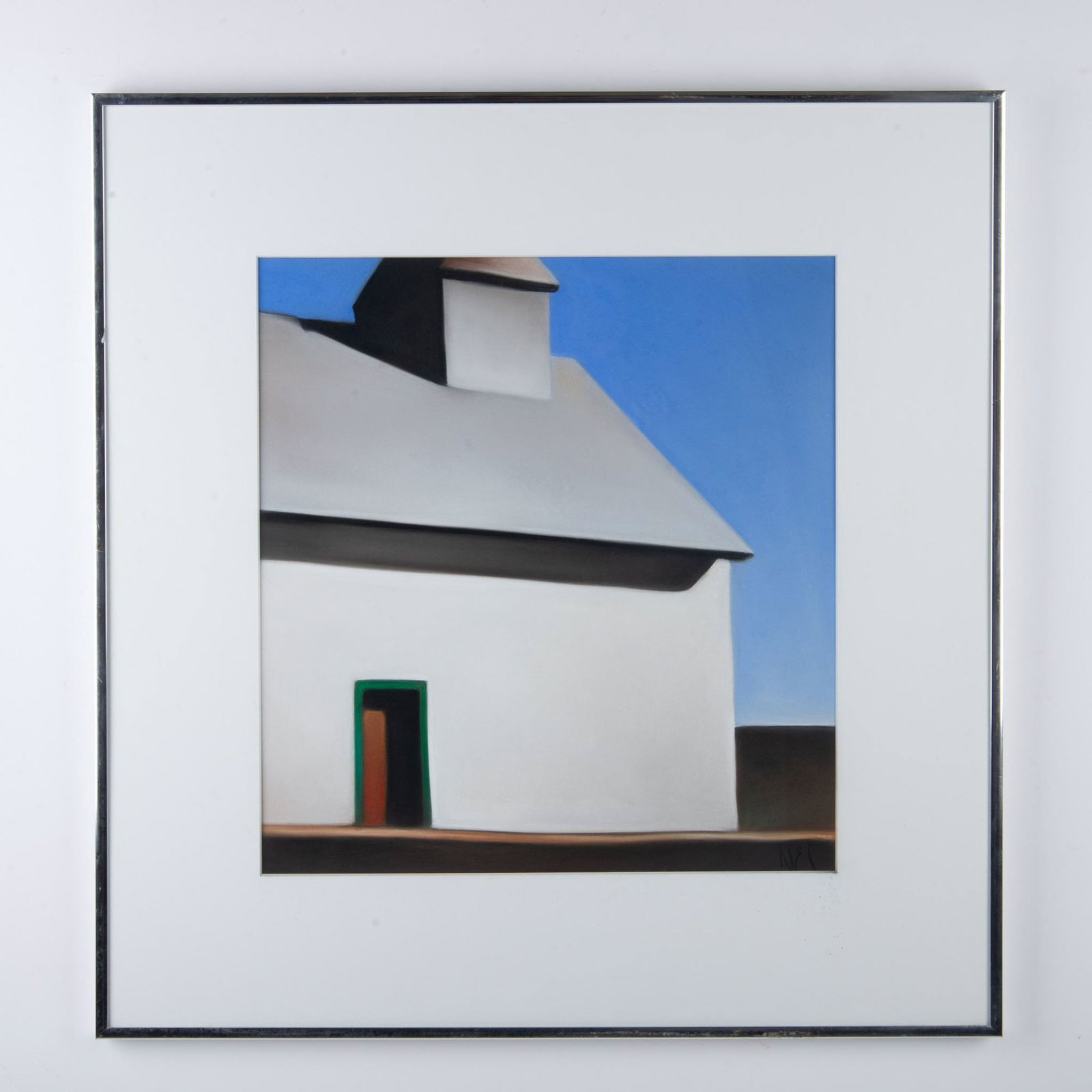 Margaret Nes, Original Pastel on Paper, Signed: Small White House is a splendid original pastel on paper by French/American artist Margaret Nes. Her use of chiaroscuro on bright and clean surfaces reflect the extreme sunlight of Santa Fe where she 