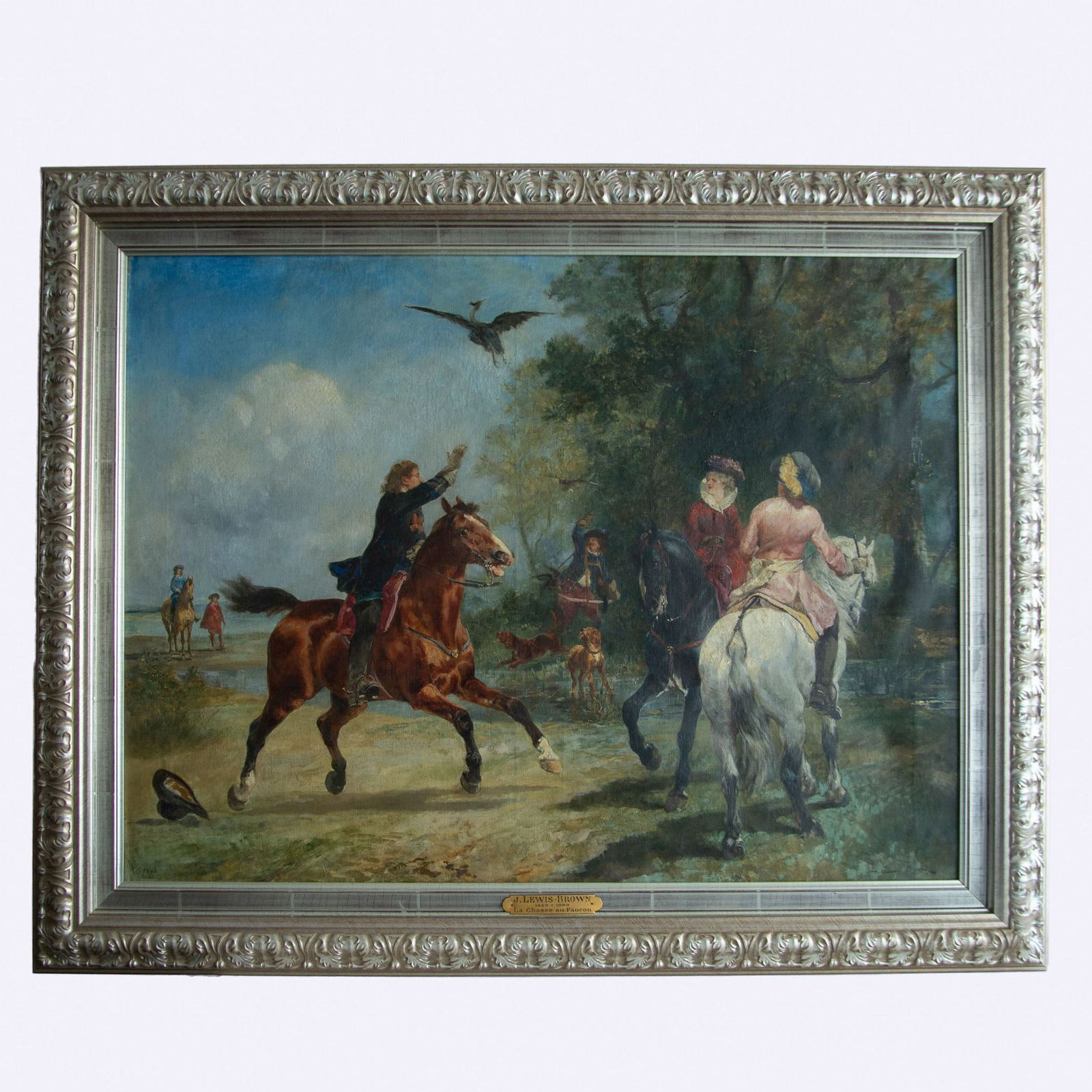 John Lewis-Brown, Antique Original Oil on Canvas, Signed: An exquisite 19th-century original oil painting titled La Chasse au Faucon (Falcon Hunting Scene) by the renowned French artist John Lewis-Brown (1829??1890). Known for his dynamic portrayals of eques