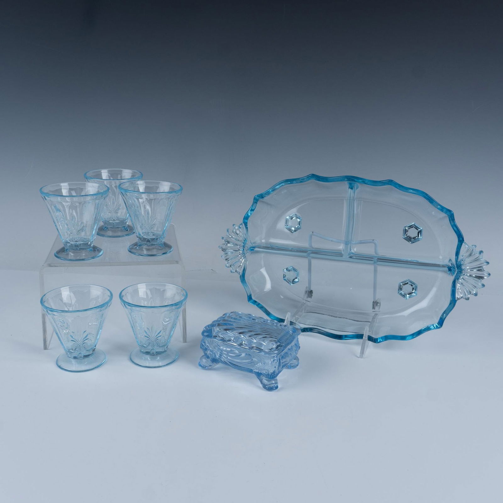 7pc Vintage Blue Pattern Glass Grouping (1 of 6)