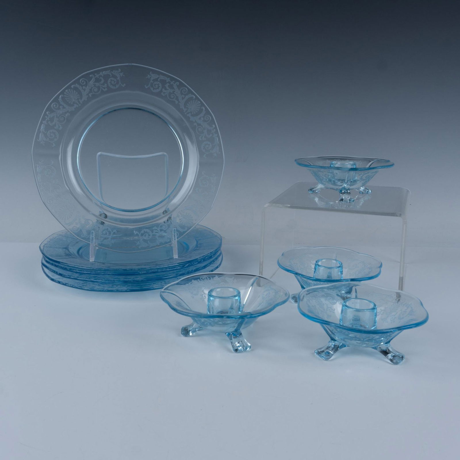 9pc Vintage Fostoria Blue Glass Plates + Candlestick Holders (1 of 6)