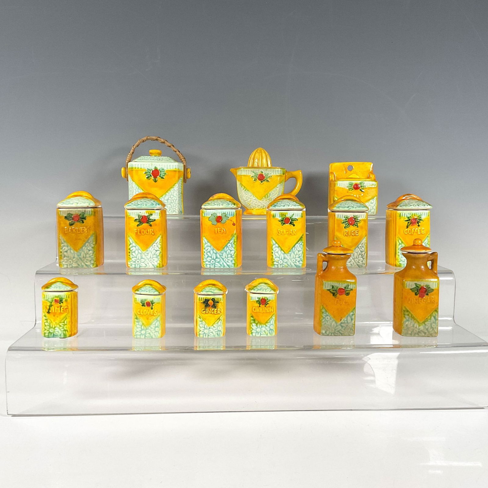 15pc Japanese Miniature Ceramic Spice Jugs, Juicer, & Basket (1 of 3)